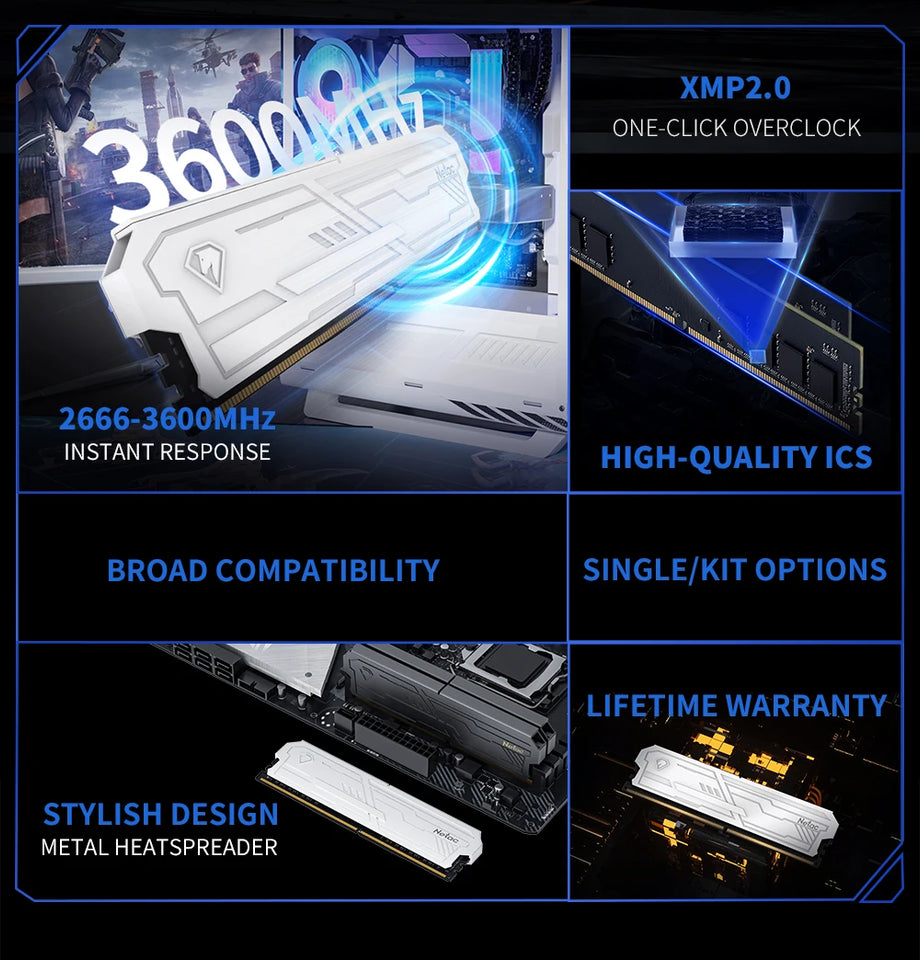 Netac DDR4 Ram Memory 8G 16G DDR4 3200MHz 3600MHz 8GX2 16GX2 Shadow Ill UDIMM DDR4 1.35V XMP2.0 with Metal HeatSink for Desktop