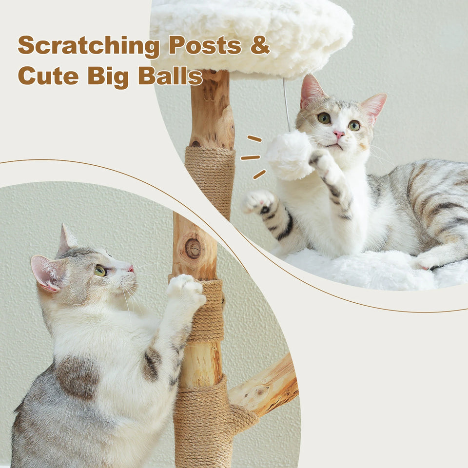 Modern Cat Tree Tower with Natural Solid Wood Scratching Posts Spacious Wicker Basket Luxury Cat Condo Bed for Indoor Cat Toys