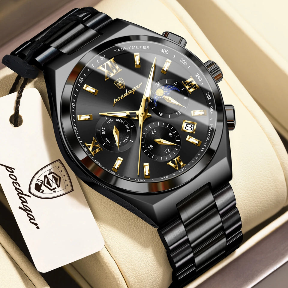POEDAGAR Fashion Functional Man Wristwatch Luminous Week Date Business Watch For Men Stainless Steel Sports Men's Quartz Watches
