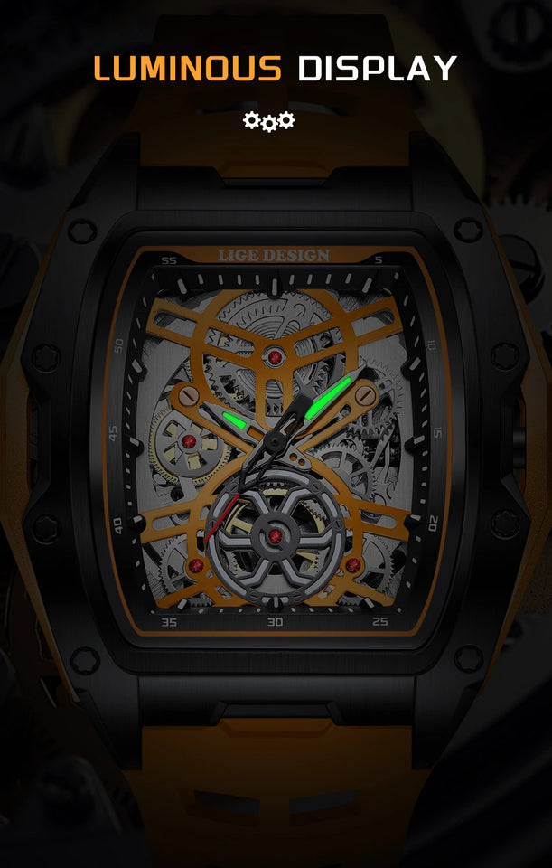 LIGE New Watches Mens Skeleton Mechanical Automatic Watch Top Brand Luxury Luminous 30M Waterproof Watch For Men reloj hombre