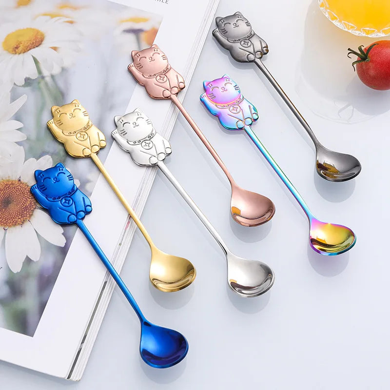 Stainless Steel Coffee Spoon Cute Lucky Cat Shape Teaspoon Dessert Snack Scoop Ice Cream Mini Spoons Tableware Kitchen Tools
