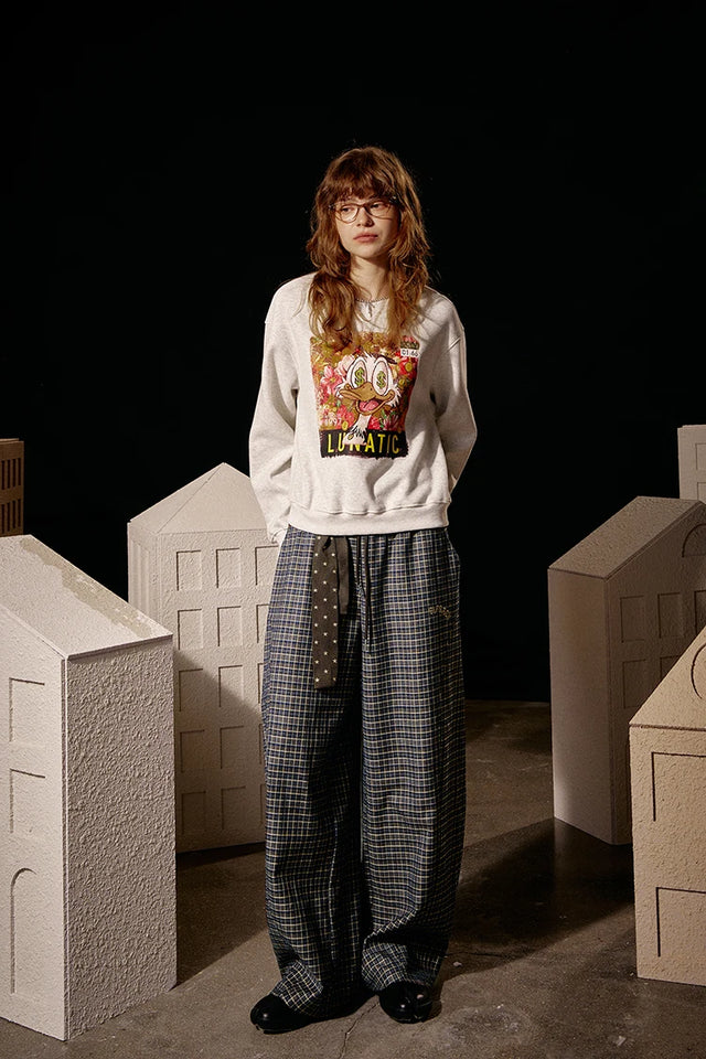 ELFSACK 2025 Winter New Arrivals Casual Loose Embroidered Plaid Long Pants For Woman