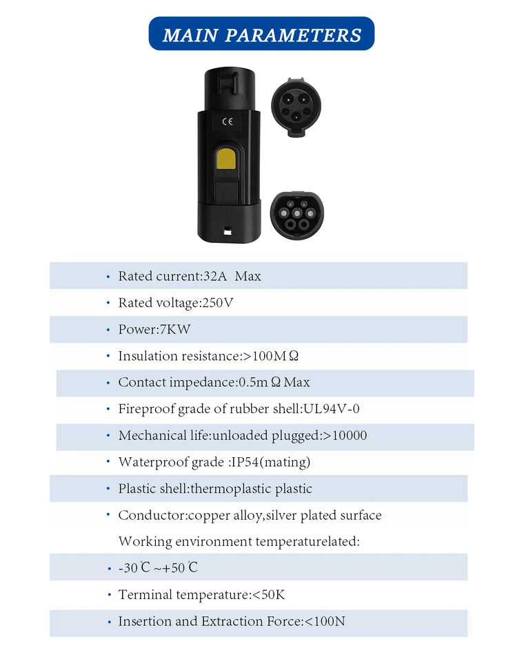 Type 1 to Type 2 EV Charger Adapter 32A EV Charger Connector SAE J1772 to Type 2 Adapter for Electric Vehicle Charging