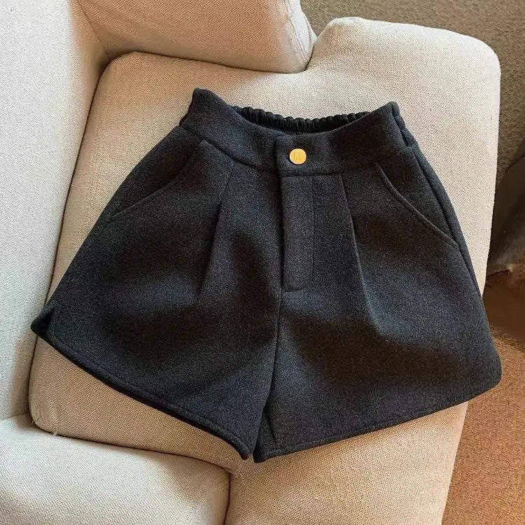 2024 Autumn Winter New Thick Woolen Shorts Korean Loose High Waisted Split Wide Leg Pants Casual Outerwear Boots Pants Women