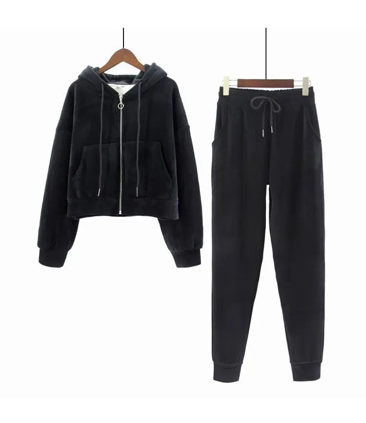 Thickened Gold Velvet Long Sleeved Hooded Sweatshirt with Lace Up Leg Ties Two Elegant Women's Pants Set Tracksuits