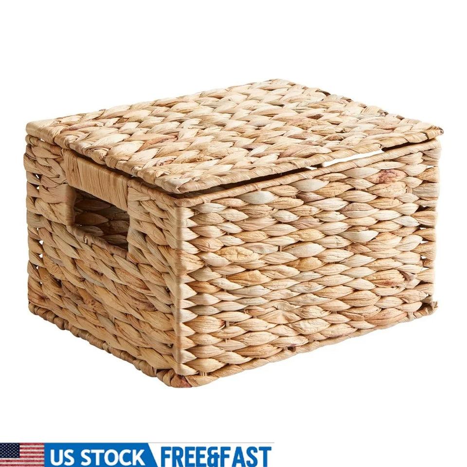 Natural Hyacinth Basket with Lid Storage Organizer Handmade Woven Basket Decorative Storage Bathroom Pantry Nursery Home Decor