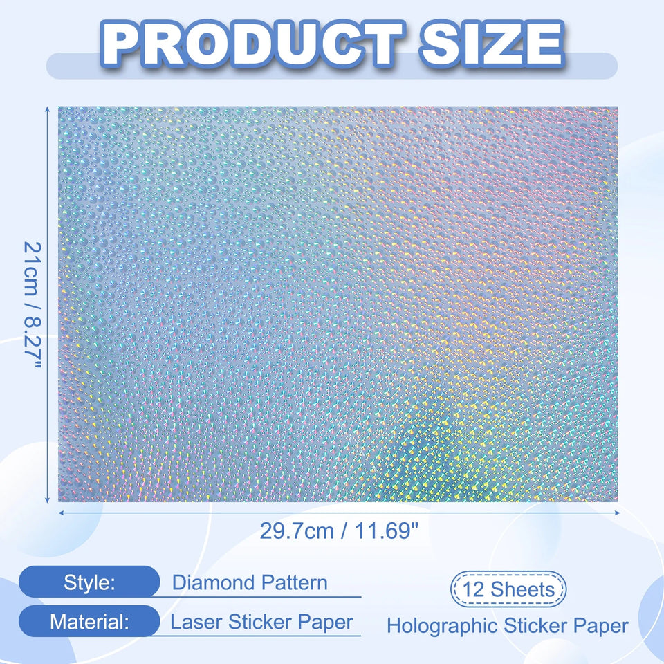 12Sheets Printable Holographic Sticker Paper Vinyl Sticker Paper A4 Waterproof Quickly Stickers for Laser Printer Inkjet Printer