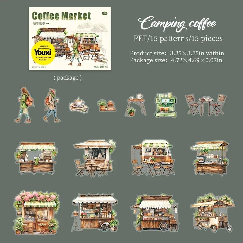 Coffee Bazaar Series Sticker Pack 6 Coffee Shop Diorama Themes 15Pcs Journal Decor for Cafe Lovers