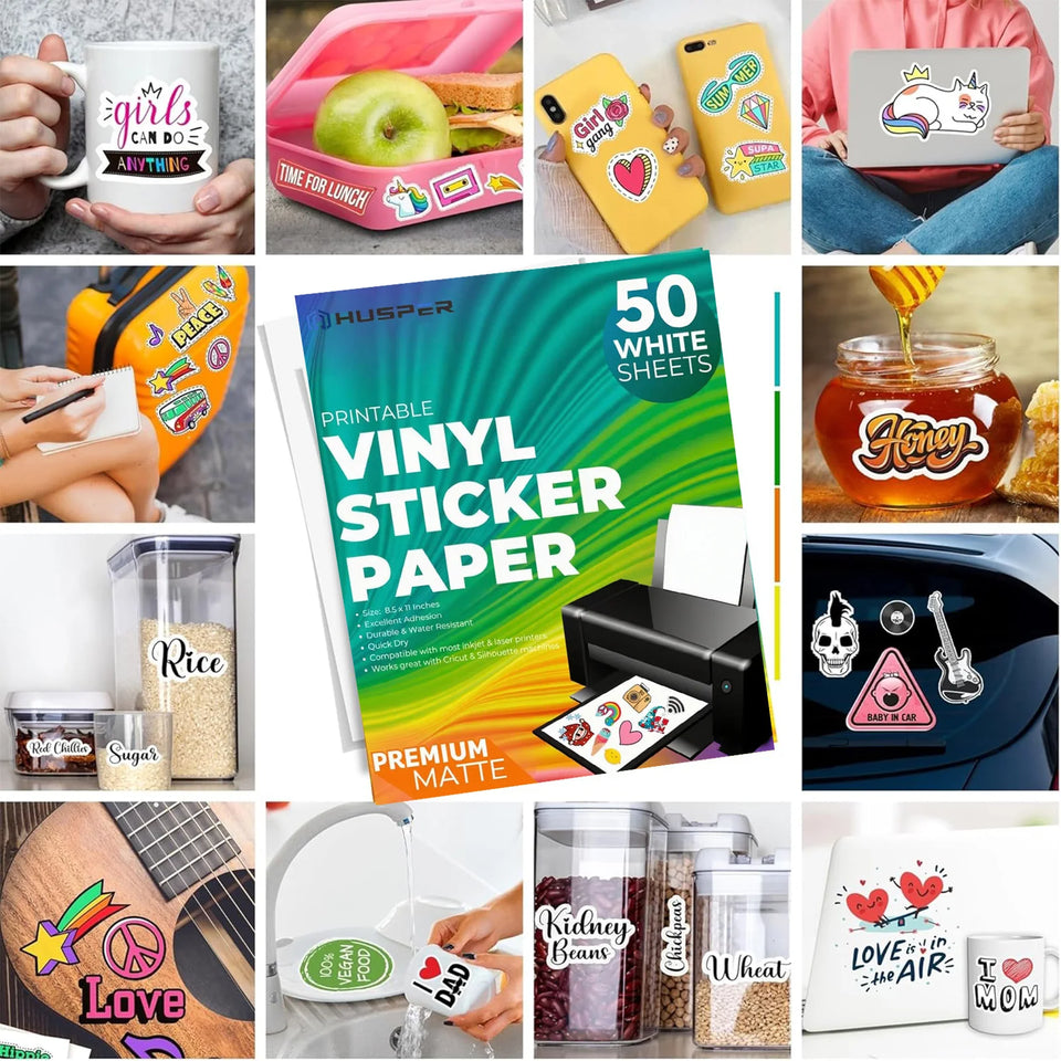 Premium Printable Vinyl Sticker Paper for Inkjet and Laser Printer - 50 White Matte Sticker Paper Waterproof