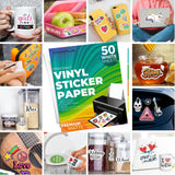 Premium Printable Vinyl Sticker Paper for Inkjet and Laser Printer - 50 White Matte Sticker Paper Waterproof