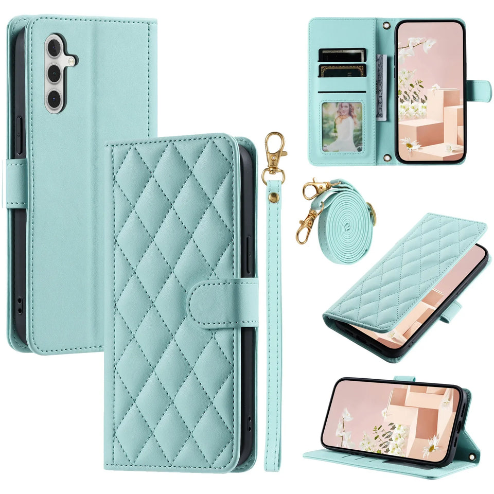 Crossbody Checkered Leather Wallet Case For Samsung Galaxy S24 Ultra S23 Plus S22 S21 FE A55 A25 A35 A15 Lanyard Flip Bag Cover