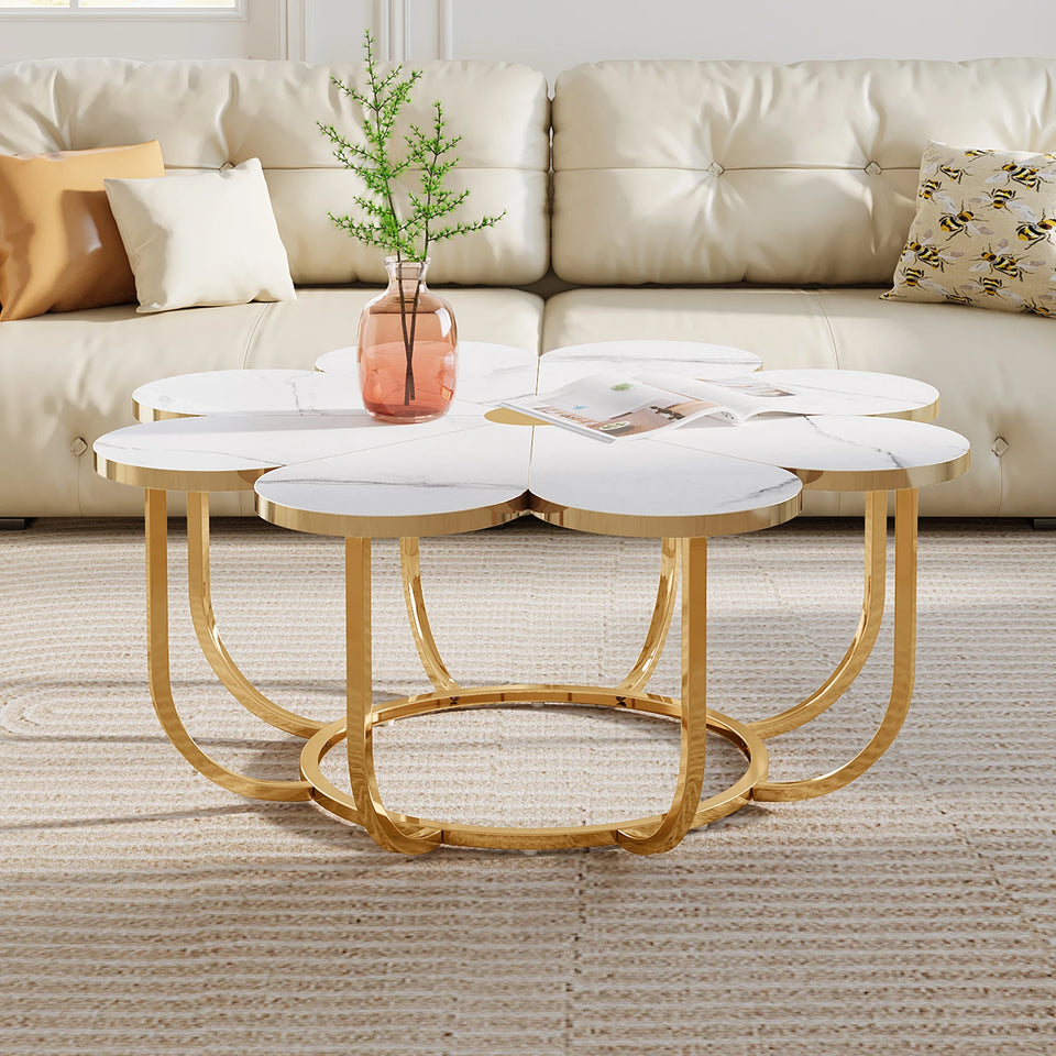 Tribesigns Faux Marble Coffee Table, White and Gold Flower-Shaped Accent Table for Living Room