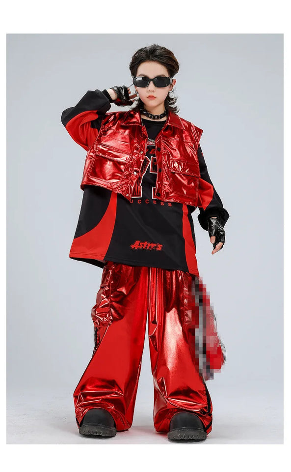 Boys Hip Hop Sweatshirt Shiny Vest Street Dance Cargo Pants Girls K-pop Clothes Set Kid Hip Hop Jazz Costume Children Streetwear