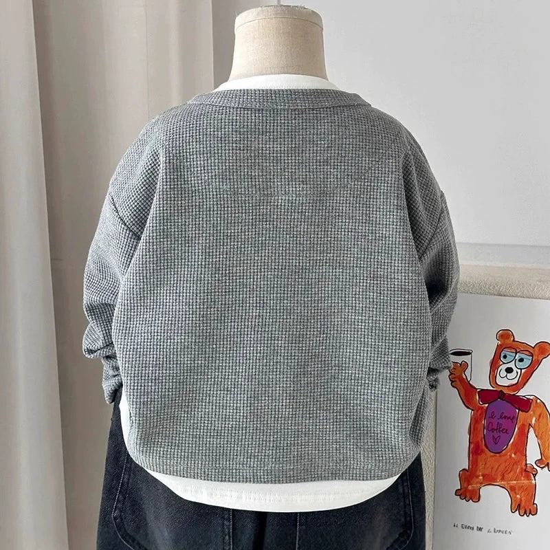 Boys' Casual Loose Cotton Long Sleeve Sweatshirt Grid Pullover Shirt 6-14 Years Spring Autumn Fashion Fake 2 Piece Top for Kids