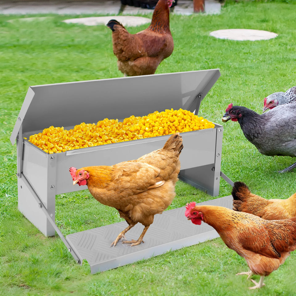 Treadle Chicken Feeder with Weatherproof Lid Rat Proof Chicken Feeder Metal Chicken Feeder for Chickens Ducks and Geese