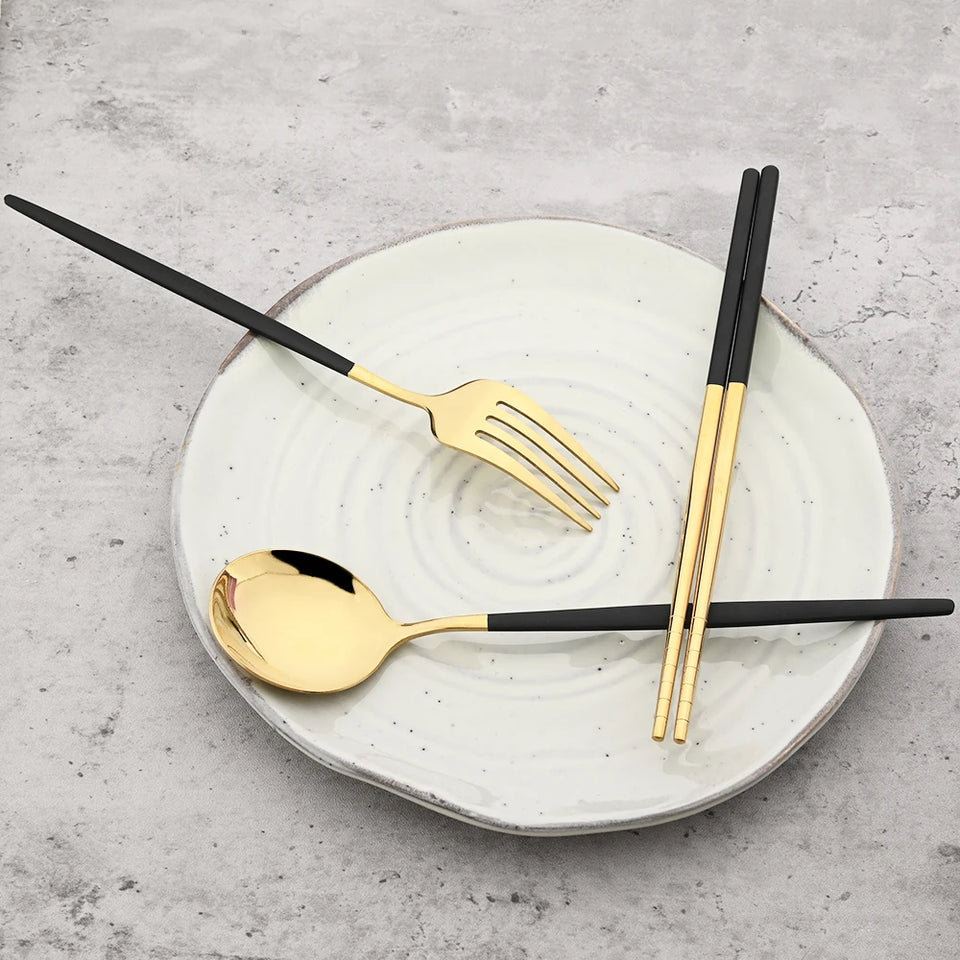 4pcs Stainless Steel Cutlery Set With Storage Box Black Gold Portable Cutlery Set For Home Kitchen Dining Household Tableware