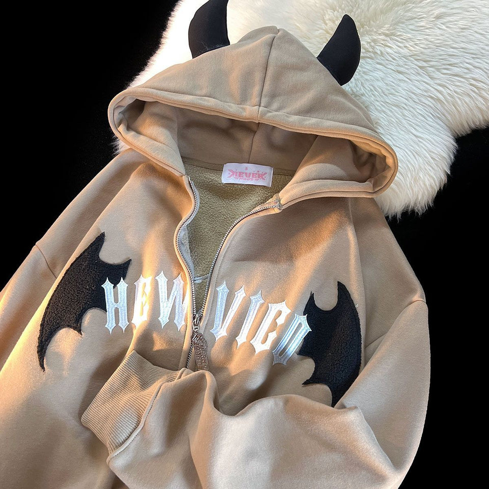 American Retro Little Devil Embroidered Zipper Hoodie Women Y2K Street Fashion Trend Joker Sweatshirt Couple Casual Loose Hoodie