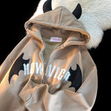 American Retro Little Devil Embroidered Zipper Hoodie Women Y2K Street Fashion Trend Joker Sweatshirt Couple Casual Loose Hoodie