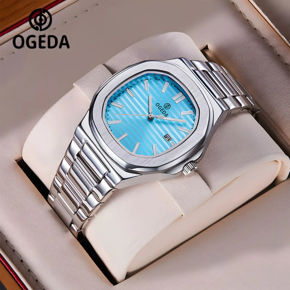 OGEDA 2024 new 40MM square men's quartz watch glass stainless steel waterproof 3Bar luminous C3 reloj hombre watches for men