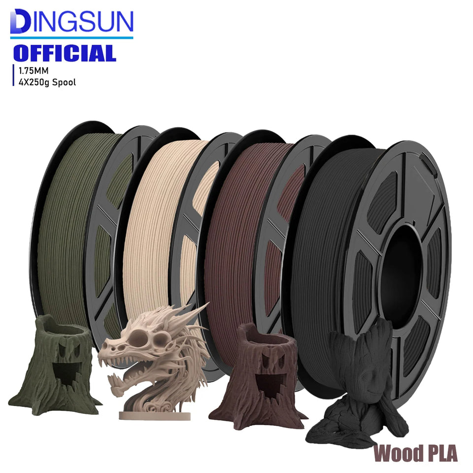 Wood PLA Filament 1.75mm Beginner Bundle,  Individually Vacuum Packed, 250g/500g/1000g Spool, Black wood +Walnut+Logs+cyan wood
