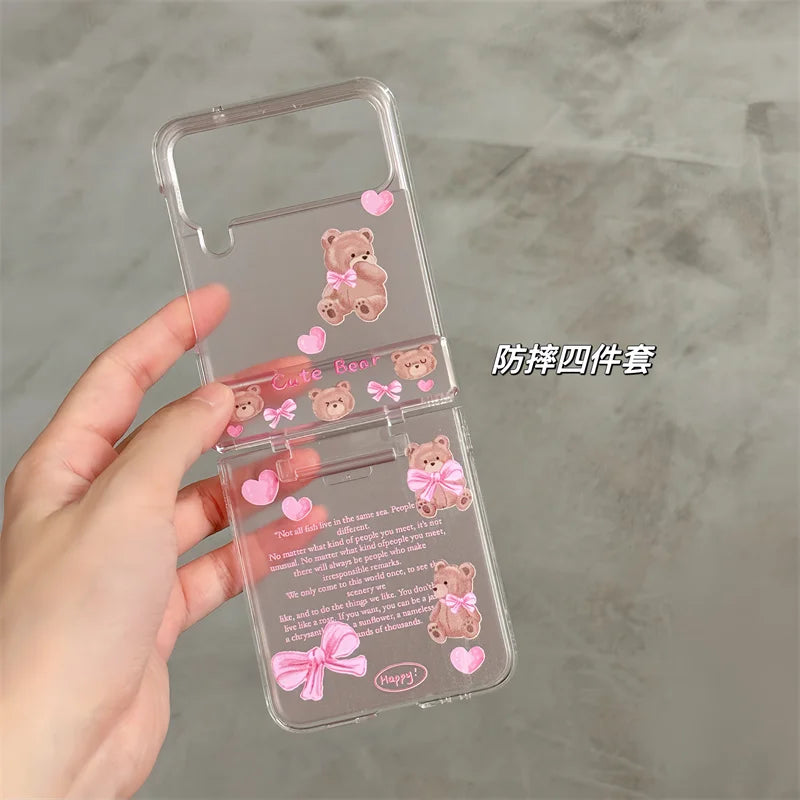 Korean Cute Bear Hinge Phone Case For Samsung Galaxy Z Flip 6 5 4 3 Z Flip5 Flip4 5G Cover with Chain Strap Clear Kawaii Funda
