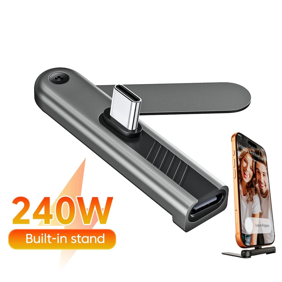 2 In 1 Foldable Phone Stand USB Type C To Type C Adapter 240W Fast Charging Data 90 Degree Connector USB C To C 360° Rotatable