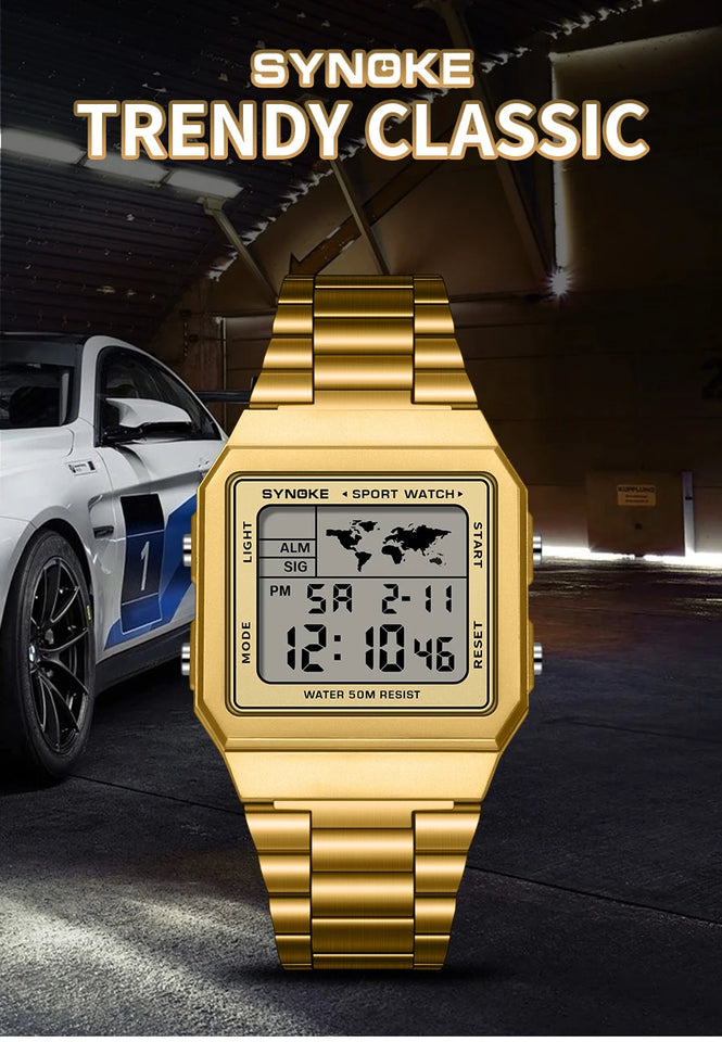SYNOKE Stainless Steel watchband Chrono Sport Watches Men Back Light Display Digital Wristwatch Waterproof plastic watch case