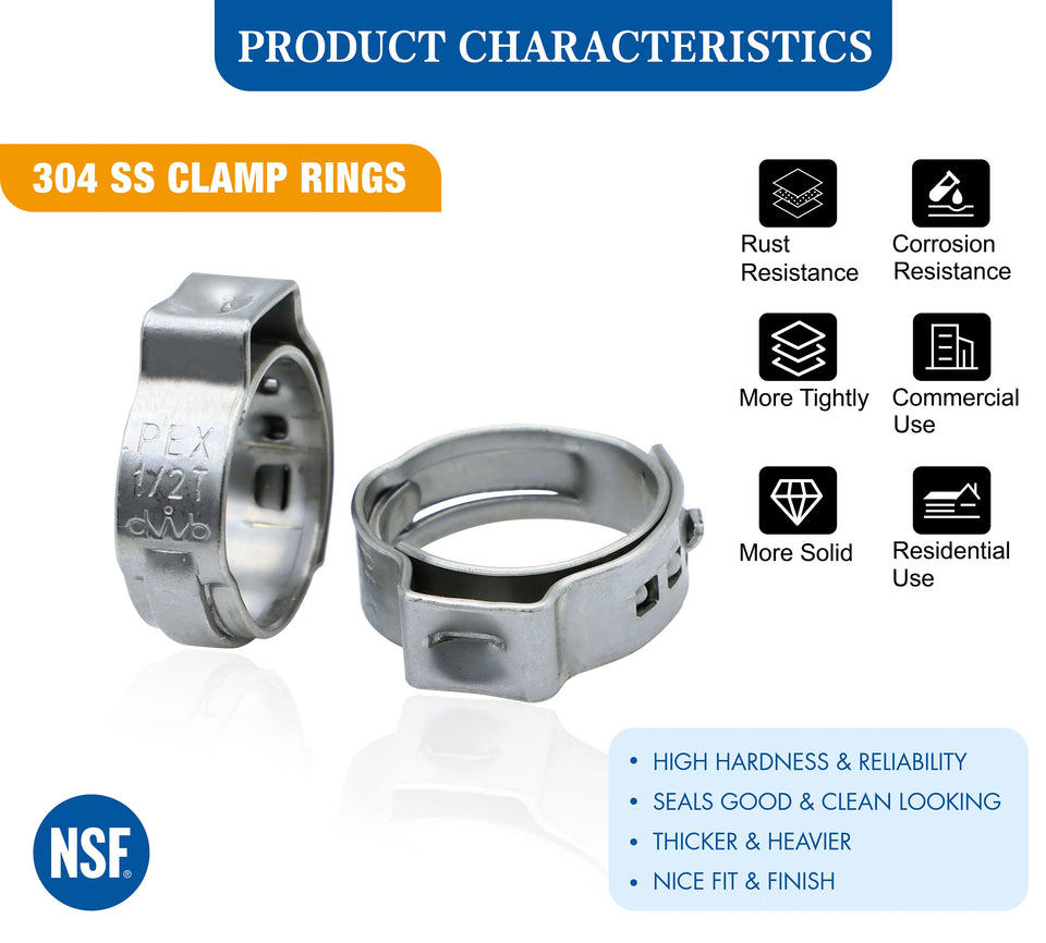 KING SMART  1/2" PEX Stainless Steel Clamp Rings; Suitable for PEX B/C Pipe, PERT Pipe NSF Certified; 100 Pcs; 80380