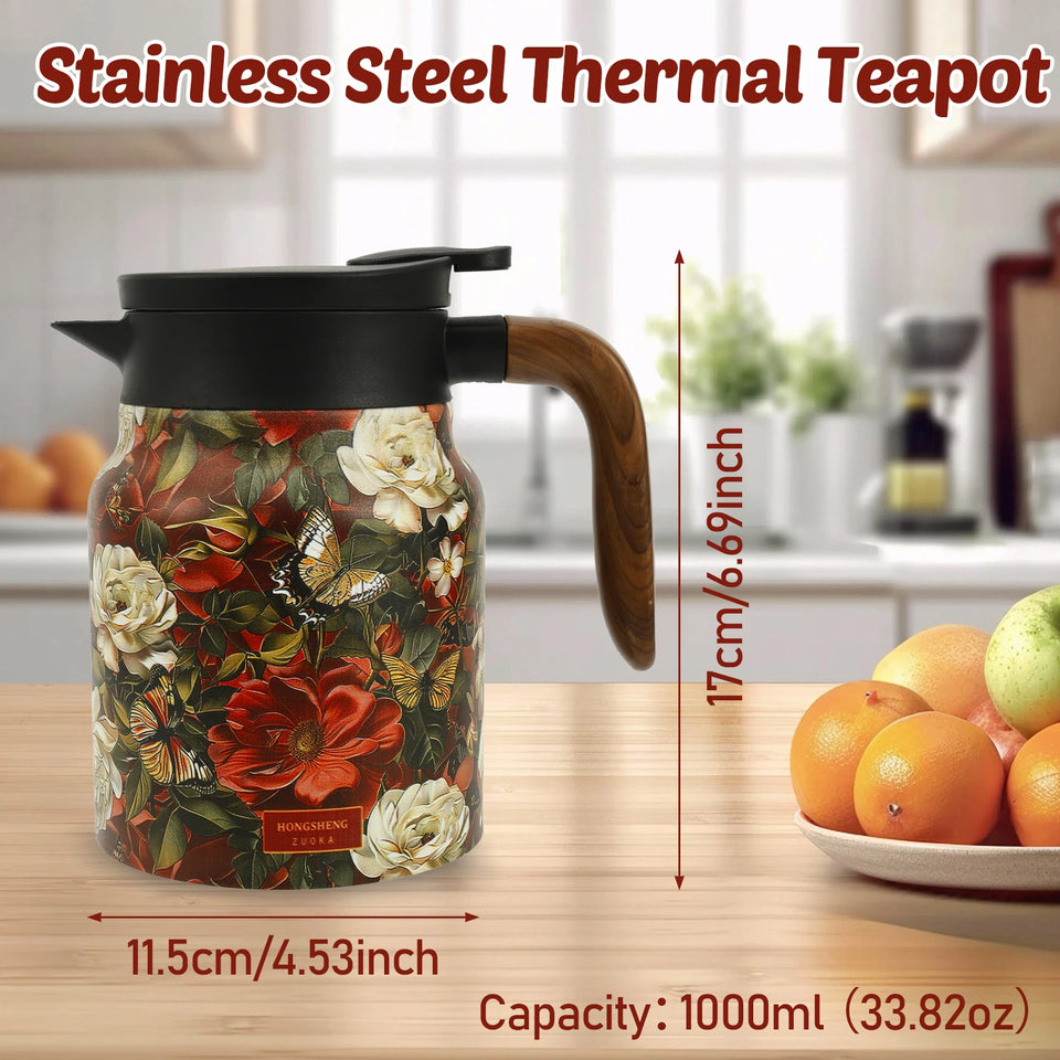 Vintage Floral Tea Thermos Stainless Steel Tea Kettle Drip-Proof Tea Pot With Tea Infuser Mini Thermo Coffee Pot Home Teaware