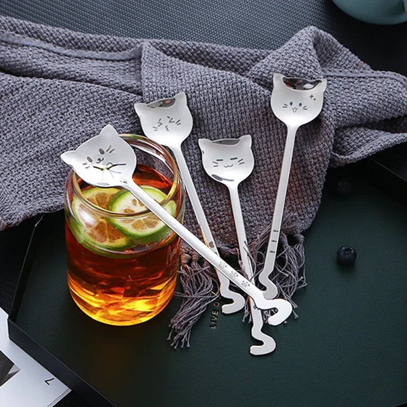 Funny Cat Spoons Cute Cartoon Meow Teaspoons for Coffee Dessert Cake Long Tail Spoon Birthday Gift Kitchen Tableware Accessories