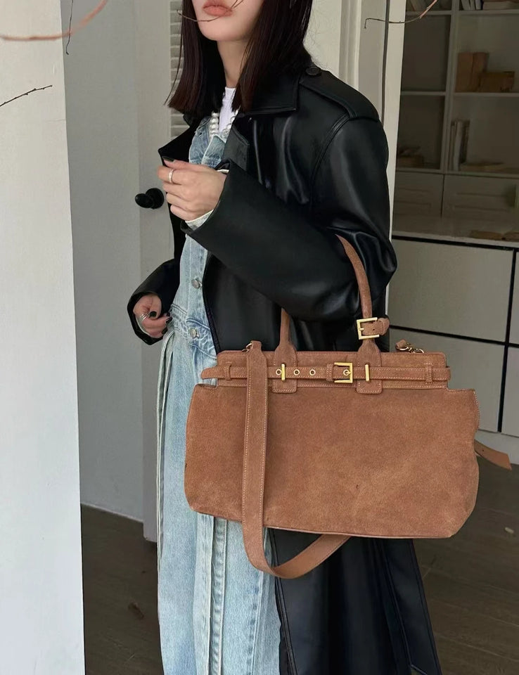 Winter Matte Coffee Camel Grey Large Tote Russian Style Real Suede Cow Leather Women Handbag Nubuck Commuter Office Shoulder Bag