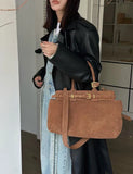 Winter Matte Coffee Camel Grey Large Tote Russian Style Real Suede Cow Leather Women Handbag Nubuck Commuter Office Shoulder Bag