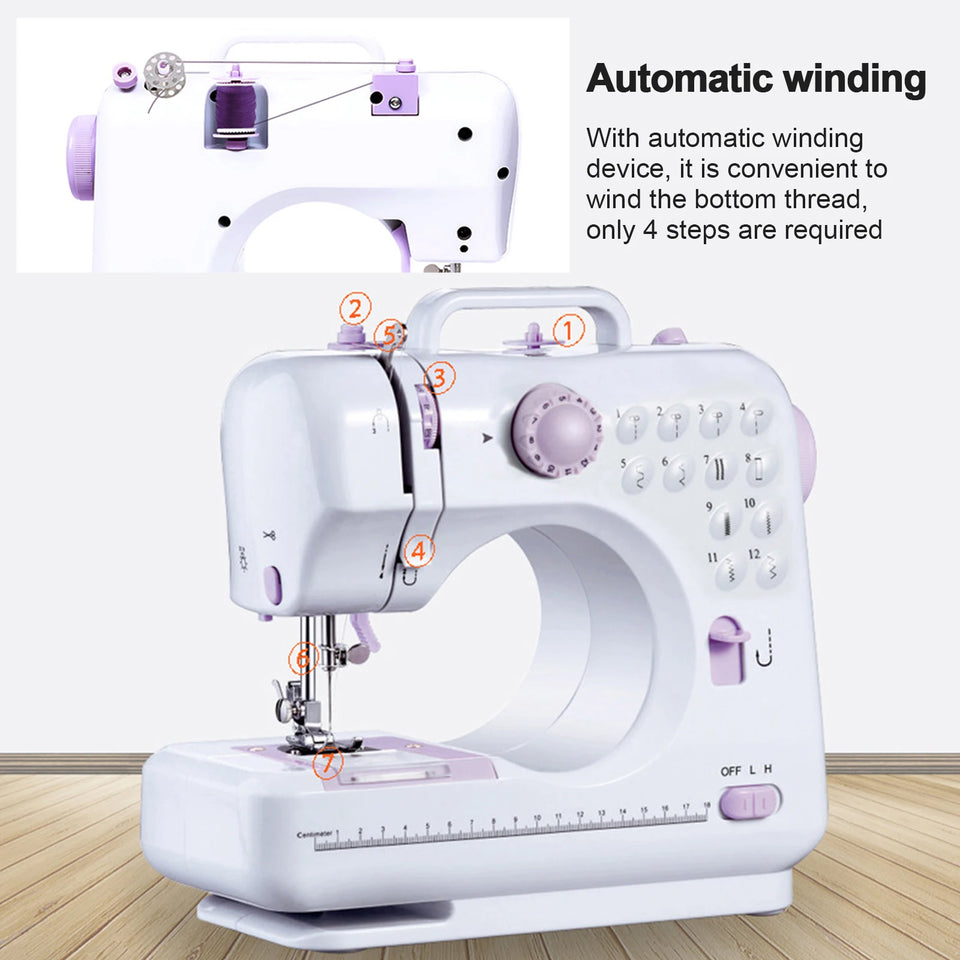 12 Stitches Electric FMSH-505 Sewing Machine Mini Household Sewing Machine with Extension Table US Automatic winding design