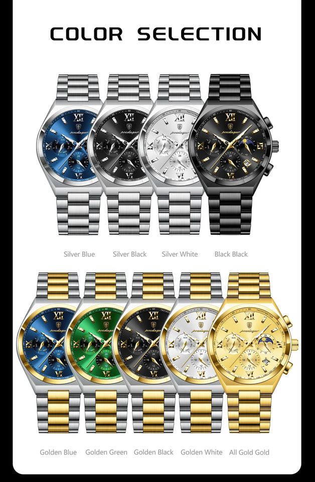 POEDAGAR Fashion Functional Man Wristwatch Luminous Week Date Business Watch For Men Stainless Steel Sports Men's Quartz Watches