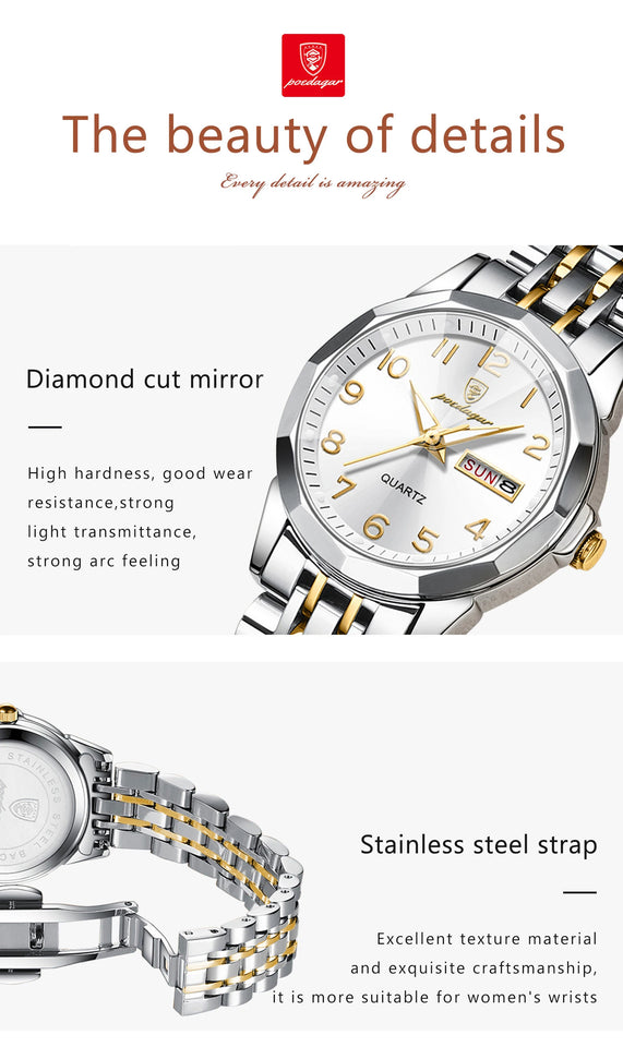 POEDAGAR Elegant Ladies Watches Waterproof Luminous Date Week Watch for Woman High Quality Stainless Steel Quartz Women's Watch