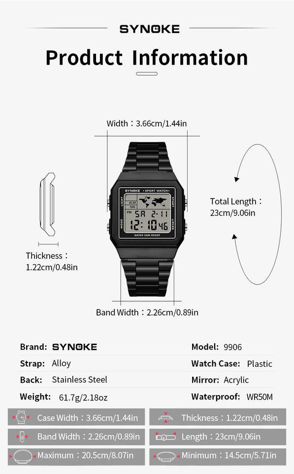 SYNOKE Stainless Steel watchband Chrono Sport Watches Men Back Light Display Digital Wristwatch Waterproof plastic watch case