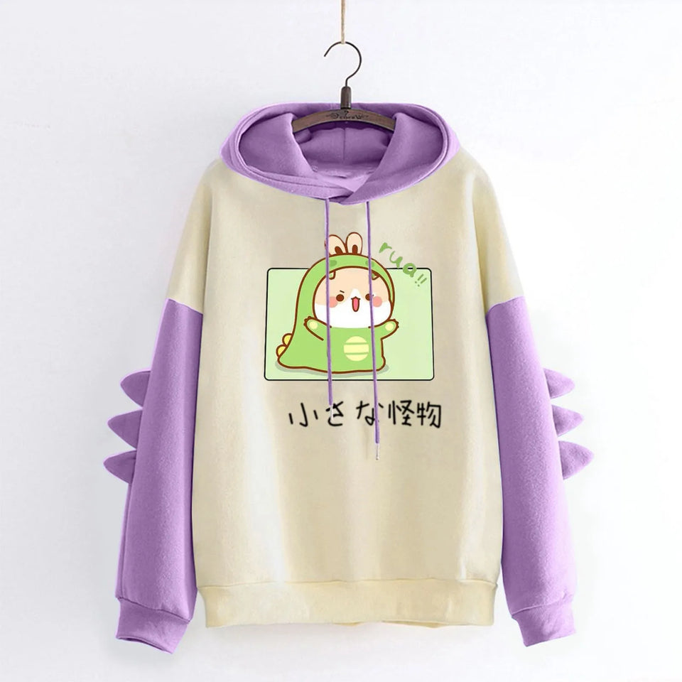 Winter Cute Dinosaur Cartoon Hoodie Women Fashion Sweatshirt Casual Print Long Sleeve Korean Style Splice Tops Kawaii Clothes