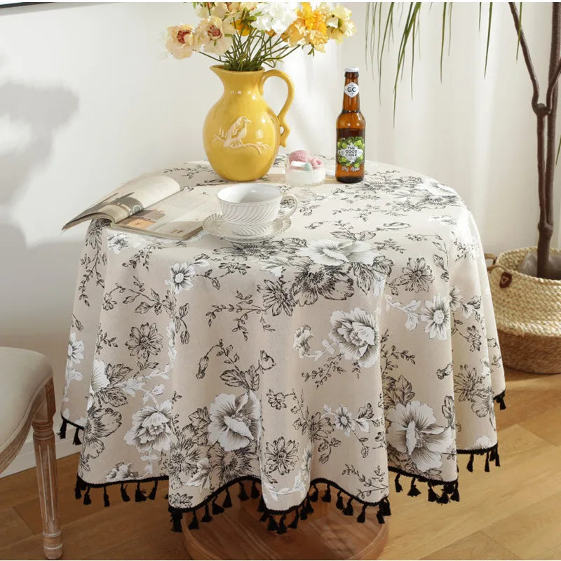 Cotton Linen Nodic Pastoral Black Peonies Black Tassel 150cm Round Tablecloth for Coffee Tables Table Cover Round Table Cloth