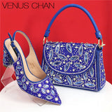 Elegant And Sexy Golden Color High Heels Shoes And Bag With Rhinestone Embellished Toe Is Comfortable Women's Shoes For Party