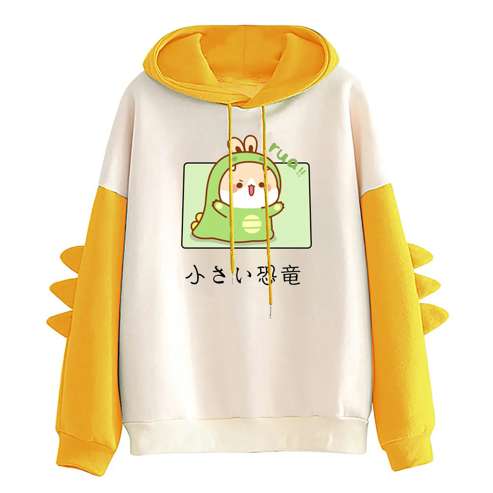 Winter Cute Dinosaur Cartoon Hoodie Women Fashion Sweatshirt Casual Print Long Sleeve Korean Style Splice Tops Kawaii Clothes