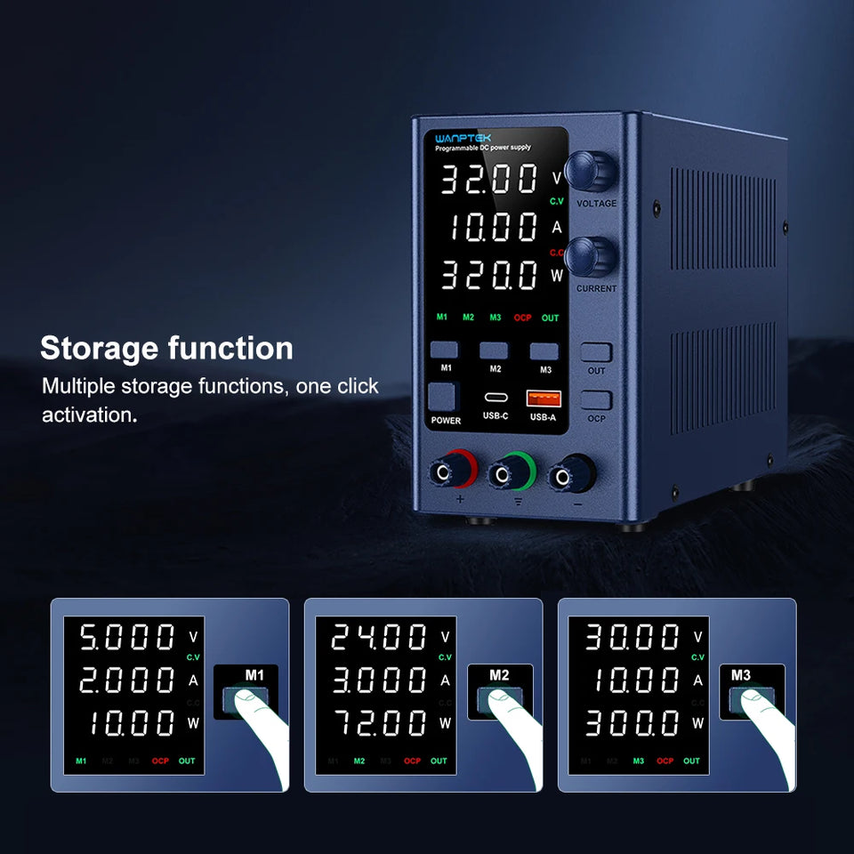 Wanptek Adjustable DC Power Supply 30V 60V 5A 10A Lab Bench Power Supply USB Interface Fast Charging Preset Voltage and Current