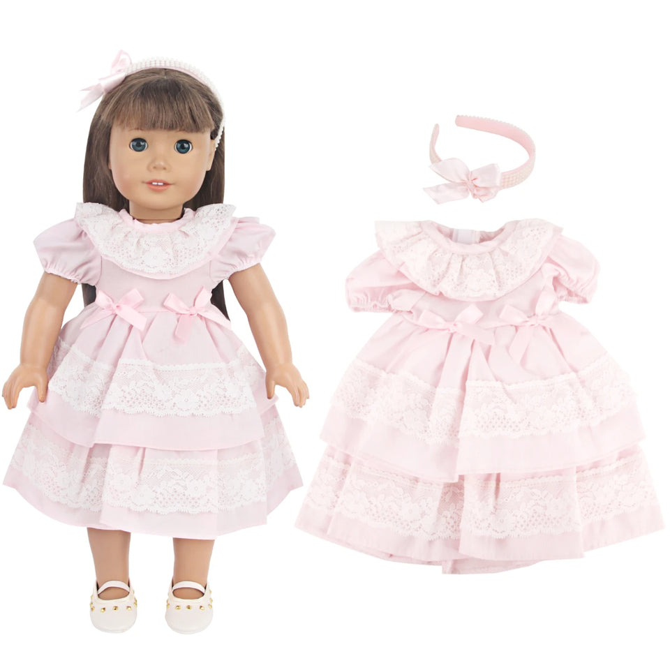 Pink Color Princess Doll Dress for American 18 Inch Girl Dolls, Lace Skirt and Hairband, Cute, 43cm Baby, New, OG Russia Dolls