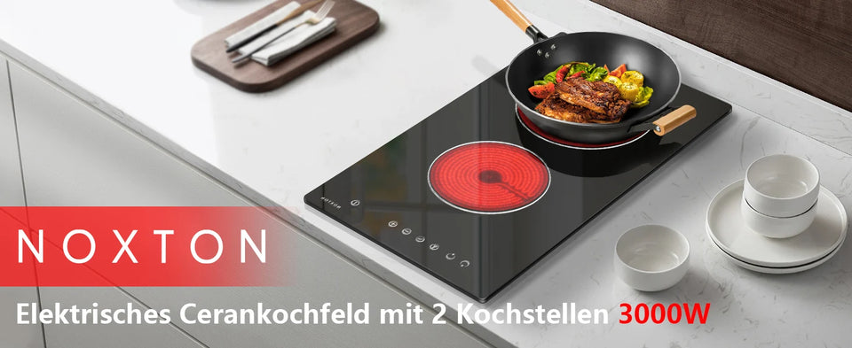 NOXTON Ceramic Hob, Built-in 2 Zone Electric Hobs 29 x 52cm Noise-free Auto Shut-off Safe Lock Heat Indicator Black Glass Panel