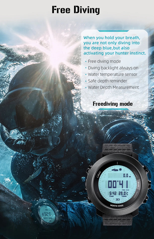 NORTH EDG APACHE-D Men's Digital Free Dive Watch Outdoor Sport Watches Altitude Barometer Compass World Time Waterproof 100M