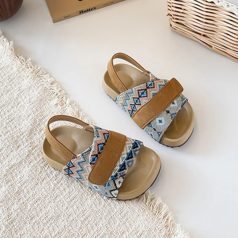 Summer Children Causal Sandals New Boho Toddler Beach Slippers for Girls Outdoor Daily Wear Non-slip Kids Retro Open-toe Sandals