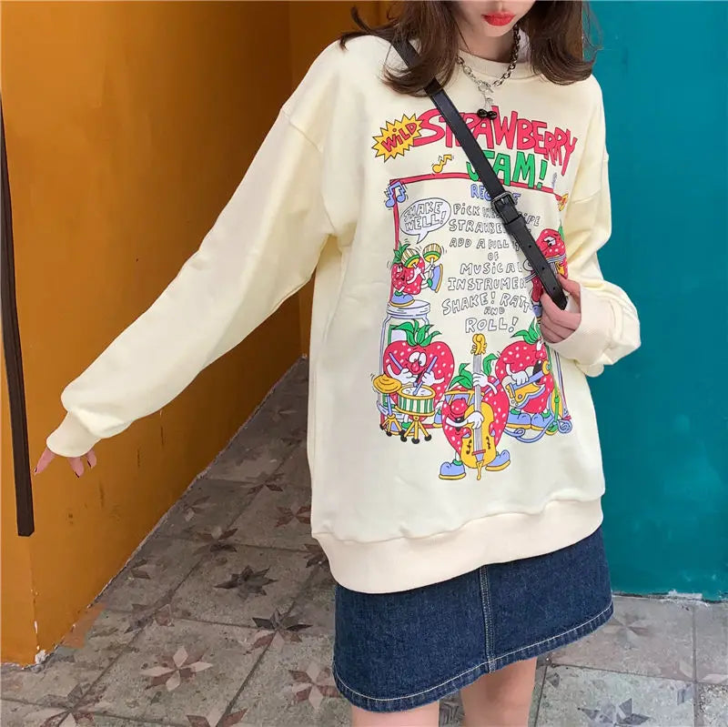 Harajuku Retro Top Strawberry Print Sweatshirt  Women Loose Streetwear Sweatshirts American  Oversized Pullovers