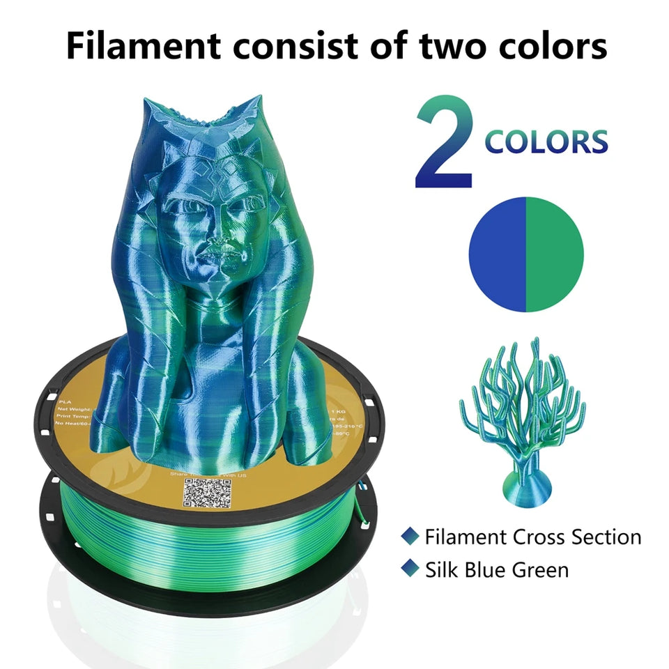 KINGROON Dual-color Silk PLA Filament 1.75mm 2 Color Coextrusion Glossy 3D Printer Filament PLA, 3kg/pack 1kg each spool