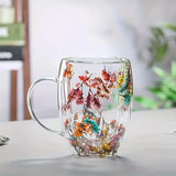Double Wall Clear Glass Coffee Mugs Creative Clear Glass Cups with Handle Flowers Double Insulated Glass Cup Hot Cold Home Gift
