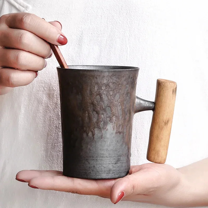 Japanese Vintage Tea Cup Set Ceramic Coffee Mug Rust Glaze Milk Cafe Cup with Wood Handle Water Cup Teacup Home Office Drinkware