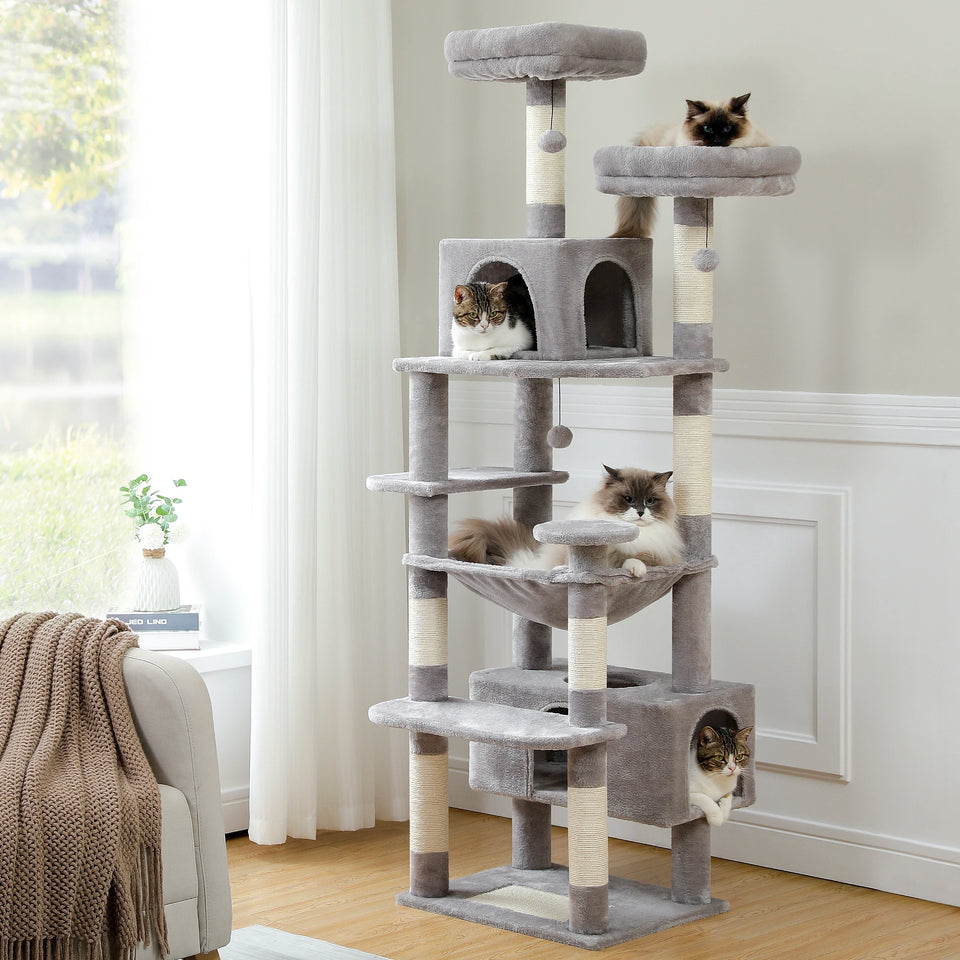 Multi-Level Cat Tree Tower with Scratching Posts&Board, Hammock, Cat Condo, Spacious Top Perch,Dangling Balls for Indoor Cats
